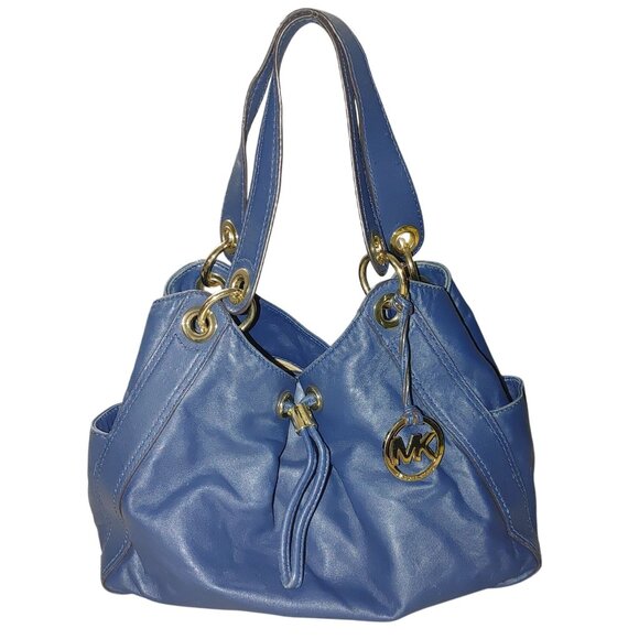 Michael Kors Ludlow Handbag Blue Soft Leather Tote Purse Gold Drawstring Details - Picture 1 of 14